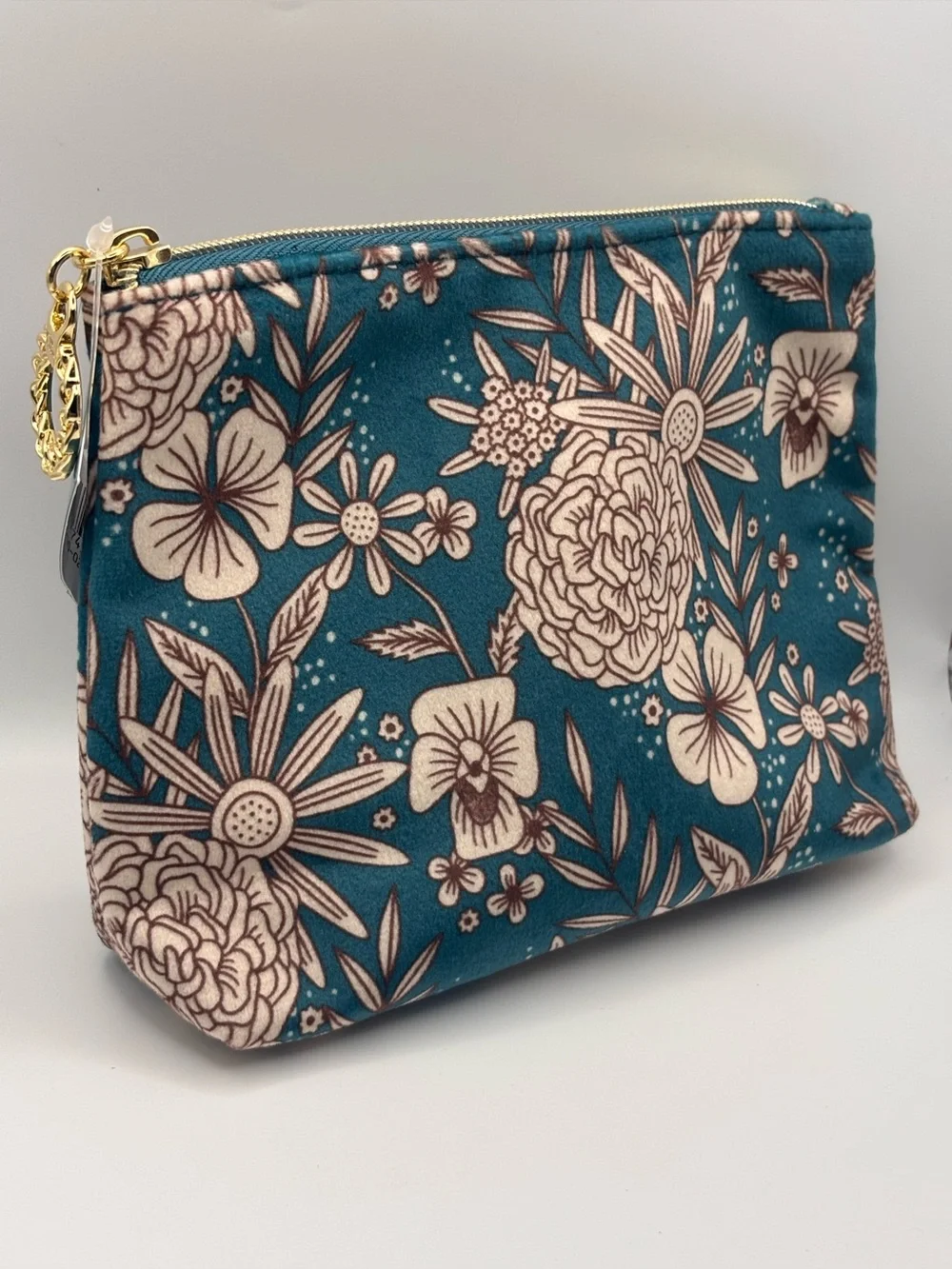 NWT Estée Lauder Turquoise Blue Floral Velvety Cosmetic Pouch with Gold Zipper